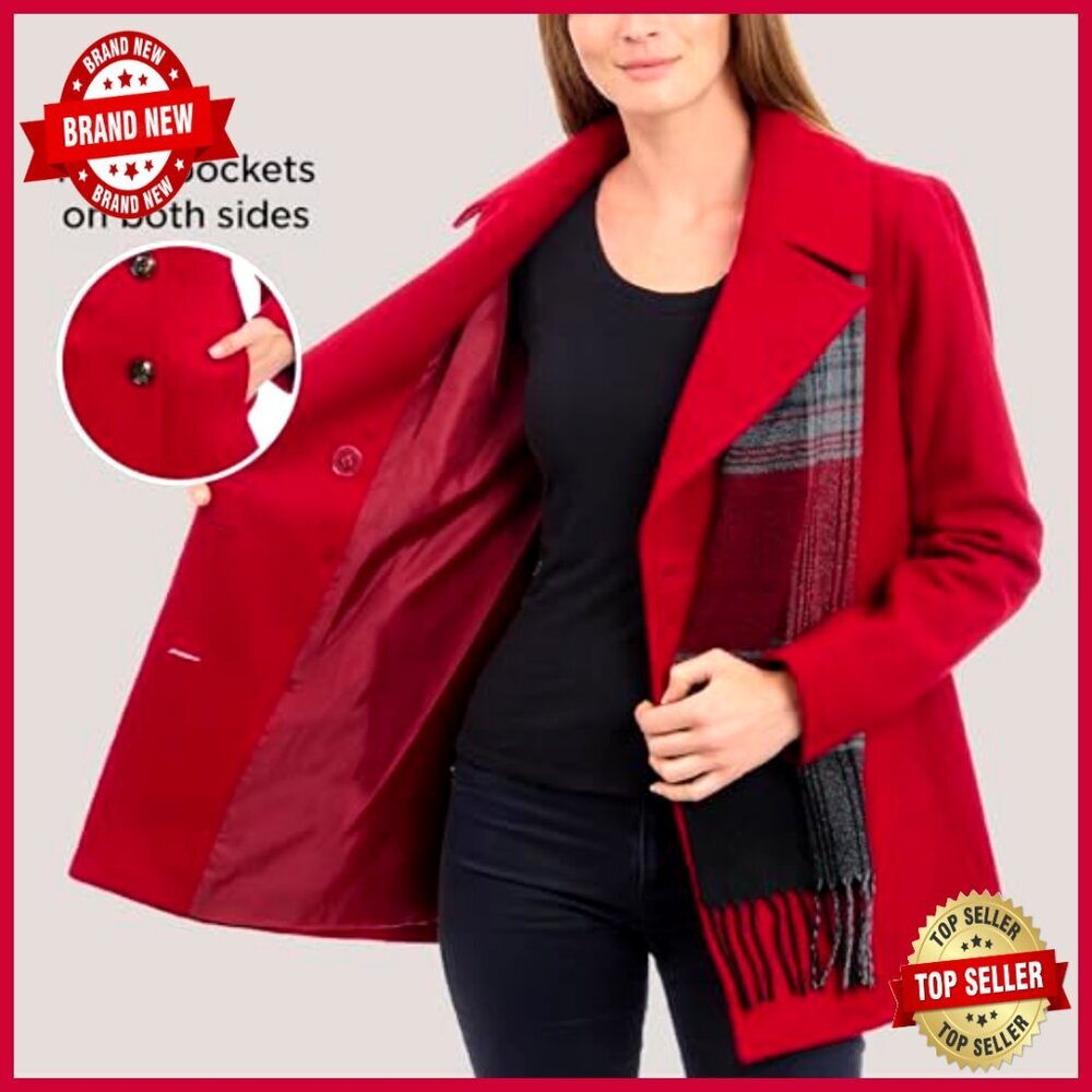 Plus Size Wool Blend Peacoat with Scarf, Double Breasted Winter Coat - Picture 5 of 6